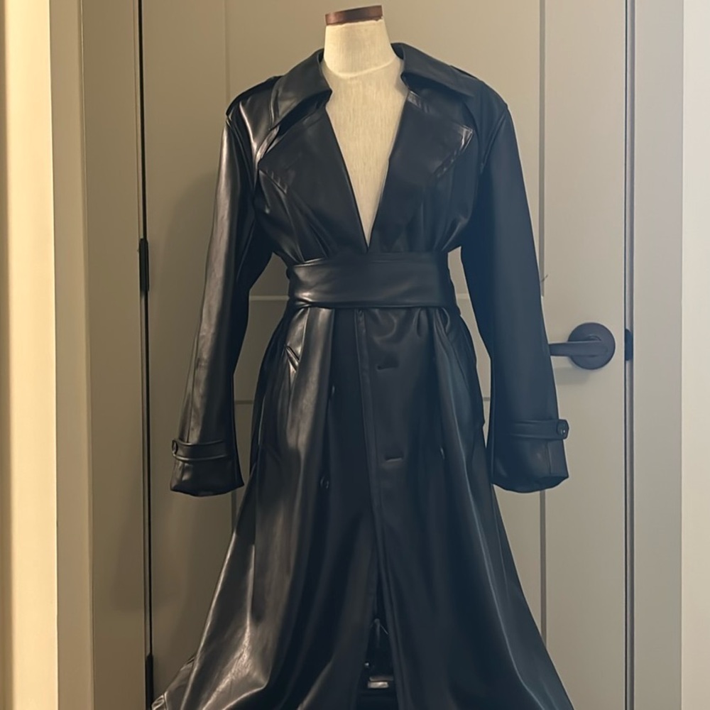 Because of Alice (BOA) Leather Belted Black Trench Coat